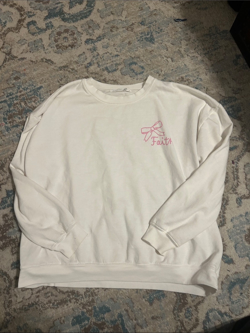 Altar'd State White Crewneck Sweatshirt with Pink Bow & 'Faith' Embroidery